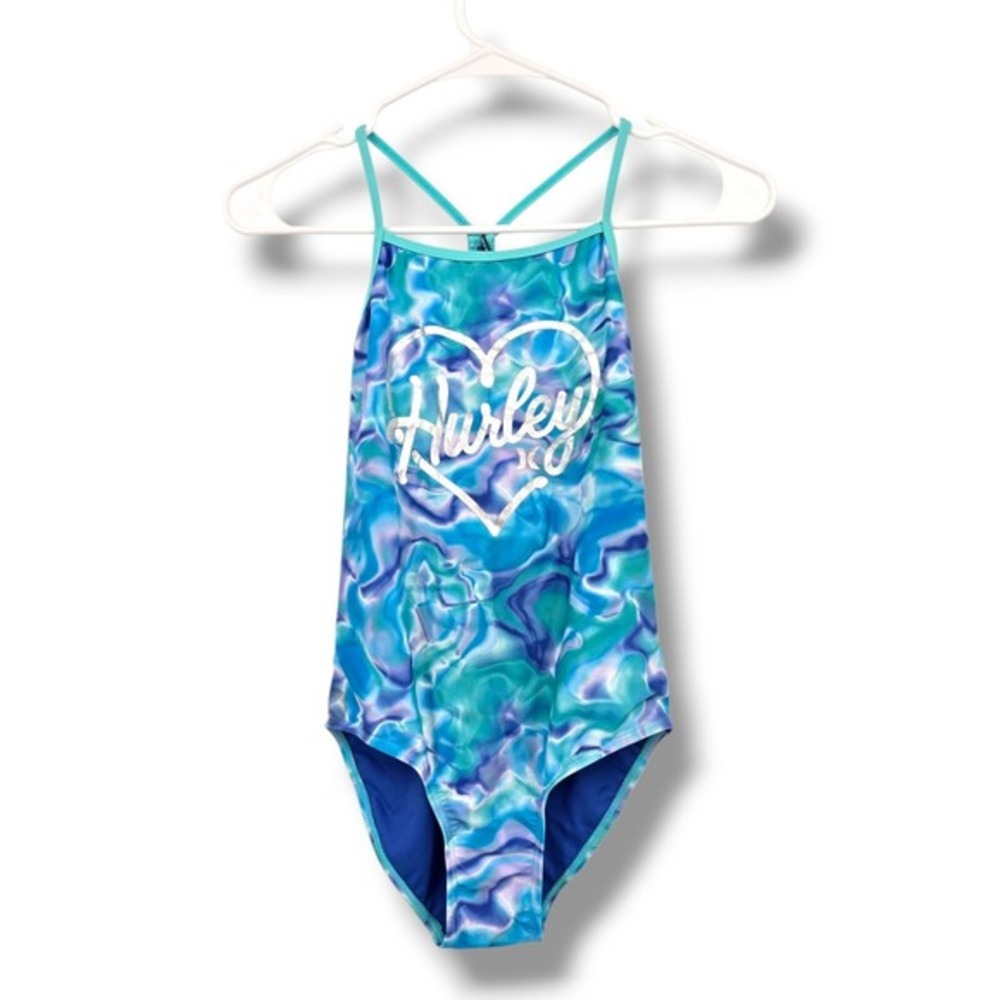 Hurley Girls' Swimsuit One Piece Blue Marble Heart Logo Size 10/12
